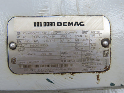 Van Dorn P40G0467B Electric Motor 60Hp 230/460V 3Ph 1185RPM 404TSC Dual Shaft