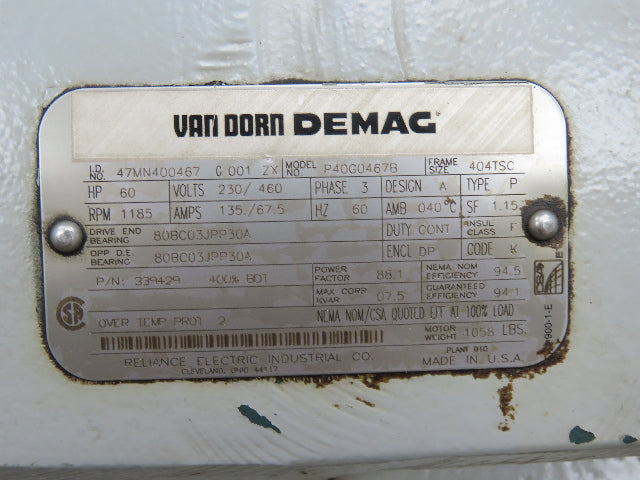 Van Dorn P40G0467B Electric Motor 60Hp 230/460V 3Ph 1185RPM 404TSC Dual Shaft