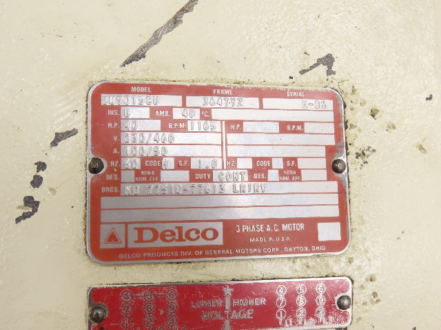 Delco 2U9015CU Electric Motor 40Hp 230/460V 3Ph 1165RPM 364TYZ C-Face