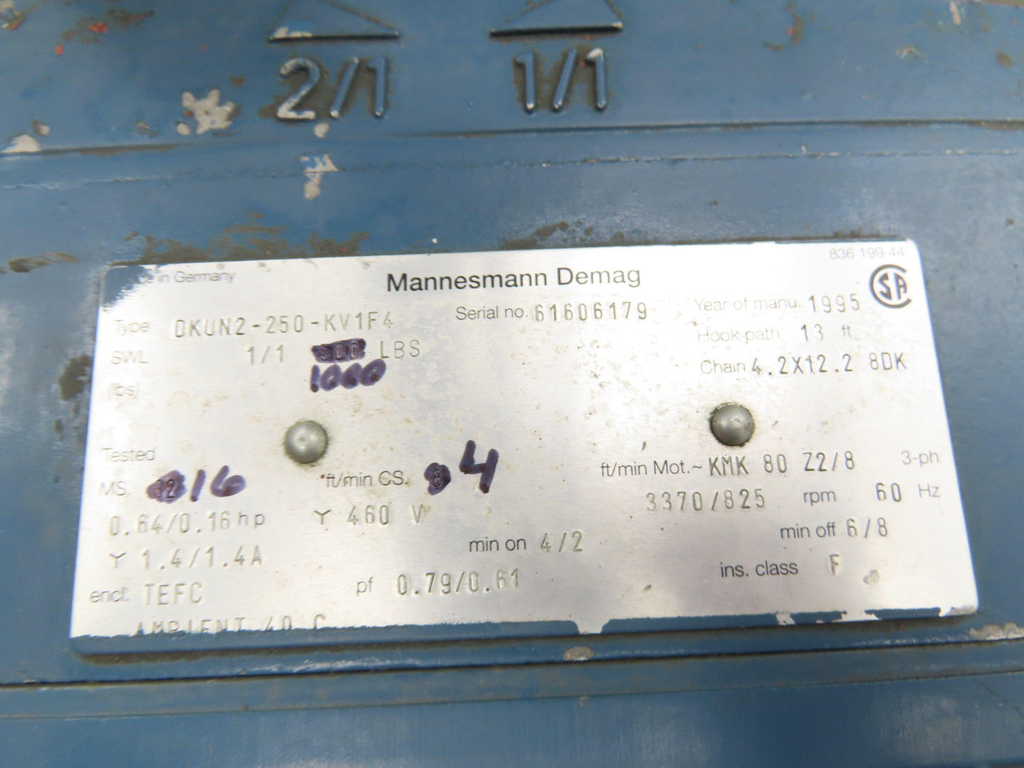 Demag Electric Chain Hoist 1/2 Ton 1000 LB 13' Travel 16/4 FPM 2 Speed 460V