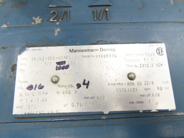 Demag Electric Chain Hoist 1/2 Ton 1000 LB 13' Travel 16/4 FPM 2 Speed 460V