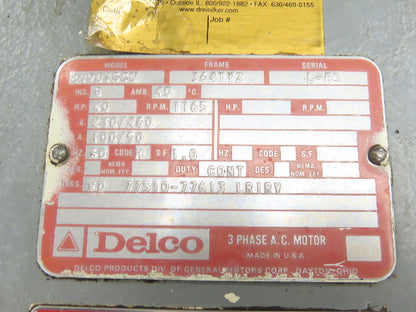 Delco 2U9015CU Electric Motor 40Hp 230/460V 3Ph 1165RPM 364TYZ C-Face