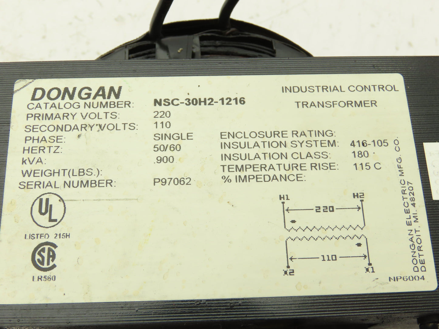 Dongan NSC-30H2-1216 Industrial Control Transformer 220V 1PH 0.900kVA
