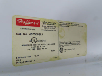 Hoffman A363008LP Wall Mount Electrical Enclosure 36x30x8" w/Backplate Type 12