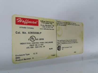 Hoffman A363008LP Wall Mount Electrical Enclosure 36x30x8" w/Backplate Type 12