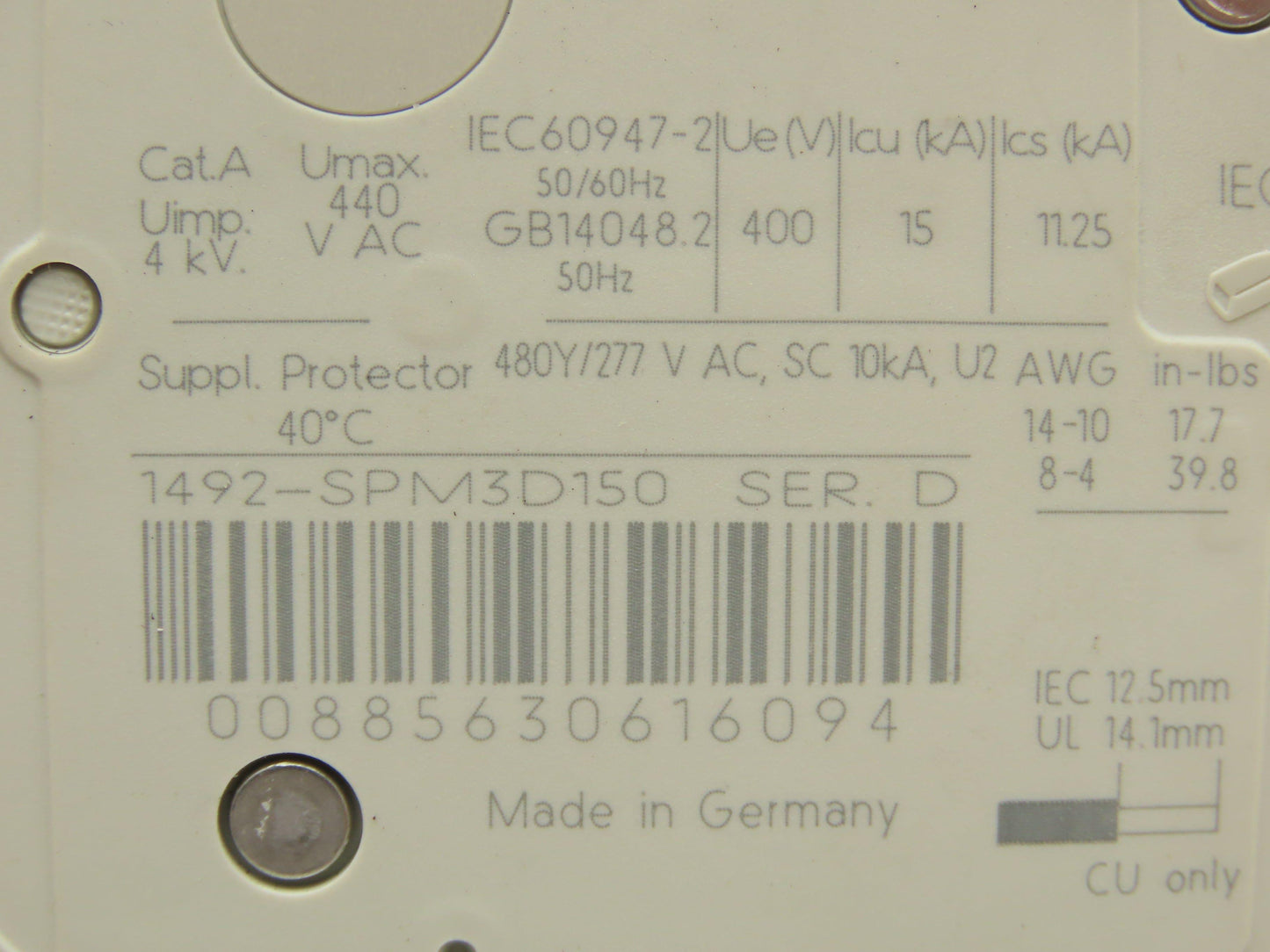 Allen Bradley 1492-SPM3D150 Supplementary Circuit Breaker Protector 3 Pole 15A