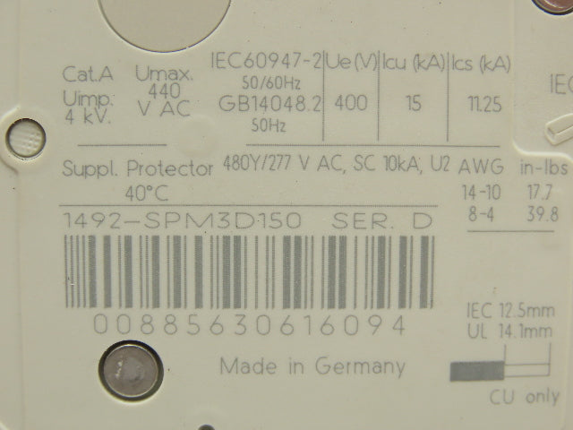 Allen Bradley 1492-SPM3D150 Supplementary Circuit Breaker Protector 3 Pole 15A