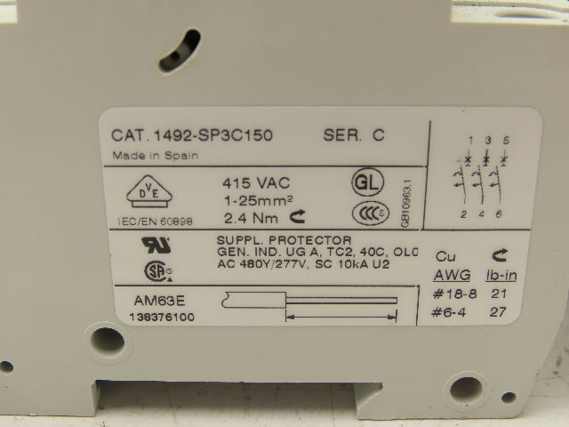 Allen Bradley 1492-SP3C150 Circuit Breaker 3 Pole 15A 415V Lot of 3