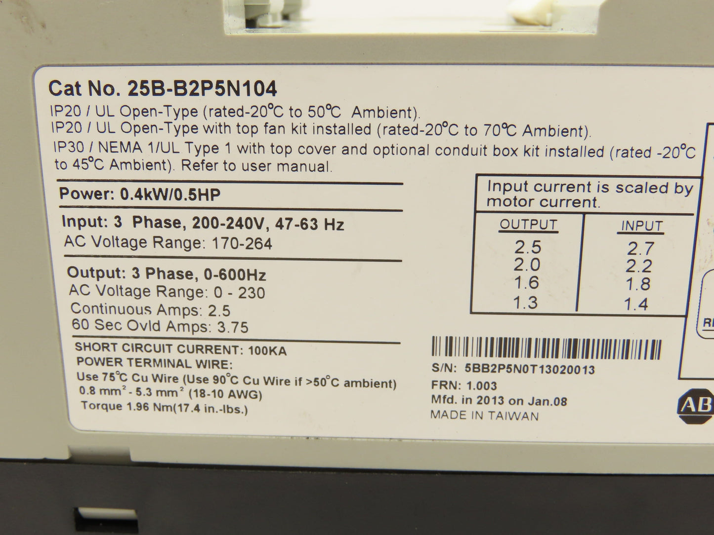 Allen Bradley 25B-B2P5N104 PowerFlex 525 VFD AC Drive 0.4kW 0.5HP 3PH 240V 2.5A