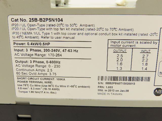 Allen Bradley 25B-B2P5N104 PowerFlex 525 VFD AC Drive 0.4kW 0.5HP 3PH 240V 2.5A