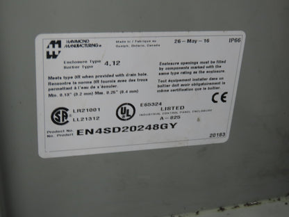 Hammond EN4SD20248GY Electrical Enclosure Box 20x24x8" Wall Mount Back Panel