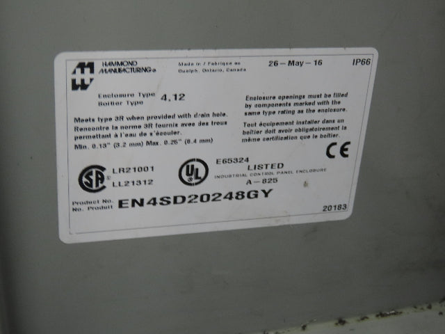 Hammond EN4SD20248GY Electrical Enclosure Box 20x24x8" Wall Mount Back Panel