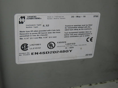 Hammond EN4SD20248GY Electrical Enclosure Box 20x24x8" Wall Mount Back Panel