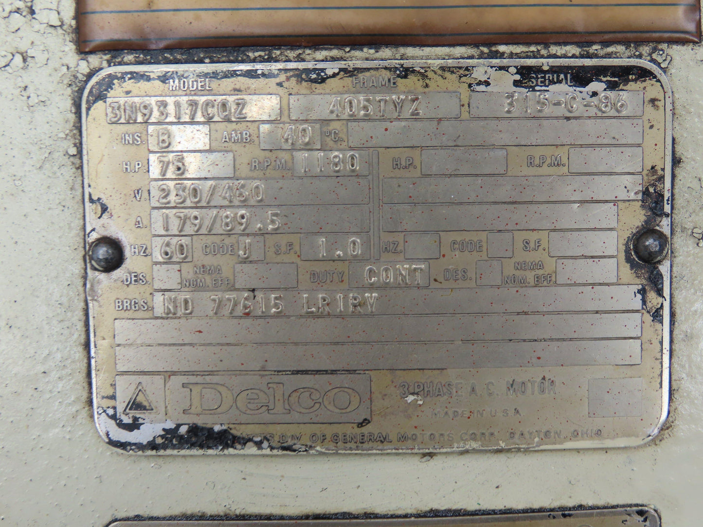 Delco 3N9317C0Z Electric Motor 75HP 405TYZ Frame 230/460V 1180RPM Dual Shaft