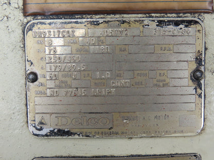 Delco 3N9317C0Z Electric Motor 75HP 405TYZ Frame 230/460V 1180RPM Dual Shaft