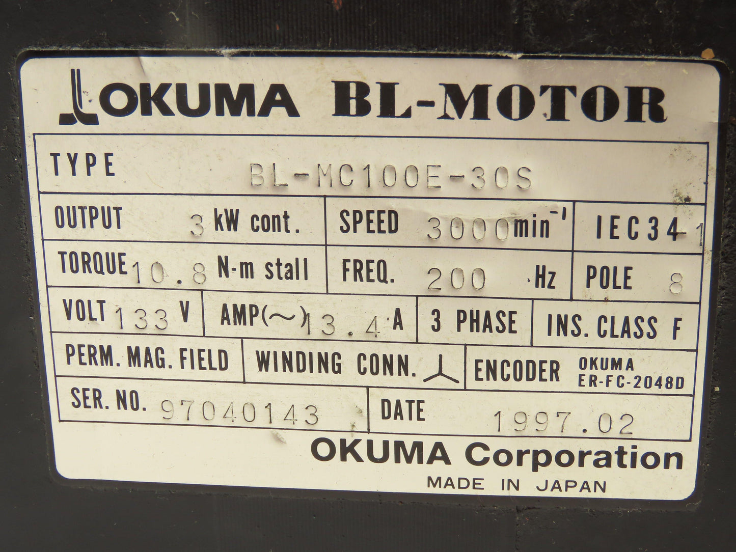Okuma BL-MC100E-30S AC Servo Motor 3kW 3000 RPM 133V 3PH Encoder ER-FC-2048D