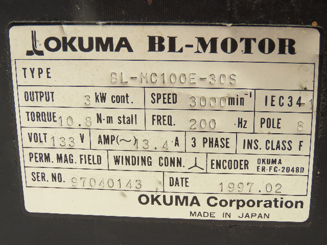 Okuma BL-MC100E-30S AC Servo Motor 3kW 3000 RPM 133V 3PH Encoder ER-FC-2048D