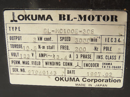 Okuma BL-MC100E-30S AC Servo Motor 3kW 3000 RPM 133V 3PH Encoder ER-FC-2048D
