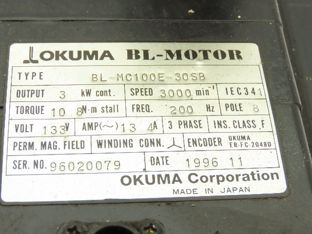 Okuma BL-MC100E-30SB AC Servo Motor 3kW 3000 RPM 133V 3PH Encoder ER-FC-2048D