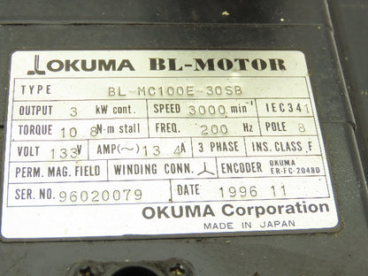 Okuma BL-MC100E-30SB AC Servo Motor 3kW 3000 RPM 133V 3PH Encoder ER-FC-2048D