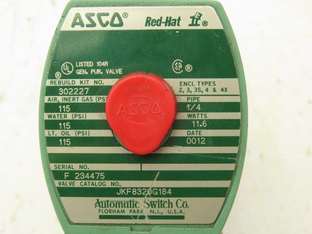 Asco JKF8320G184 Red Hat Solenoid Valve 3-Way 1/4" NPT 24VDC Coil