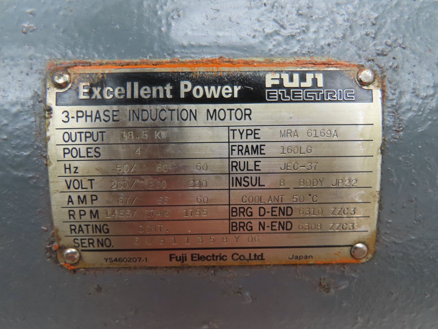 Fuji Electric MRA Metric AC Motor 18.5kw 25Hp 1755 RPM 220V 3PH IEC 160L Frame