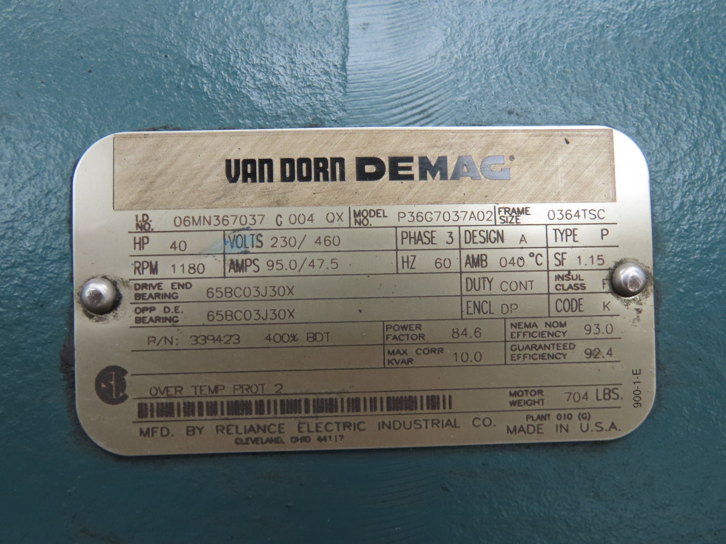 Reliance P36G7037A02 Van Dorn Electric Motor 40Hp 1180RPM 230/460V 3PH 364TSC