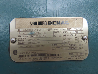 Reliance P36G7037A02 Van Dorn Electric Motor 40Hp 1180RPM 230/460V 3PH 364TSC
