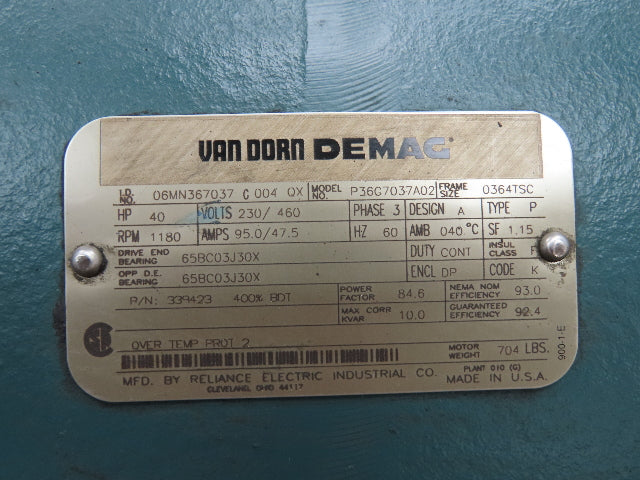 Reliance P36G7037A02 Van Dorn Electric Motor 40Hp 1180RPM 230/460V 3PH 364TSC