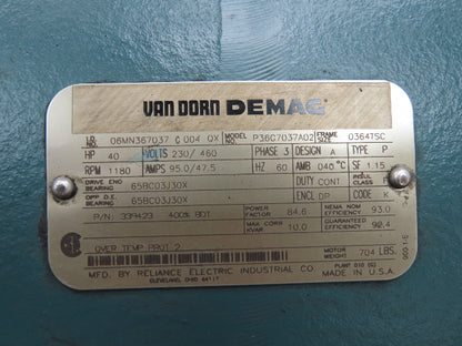 Reliance P36G7037A02 Van Dorn Electric Motor 40Hp 1180RPM 230/460V 3PH 364TSC