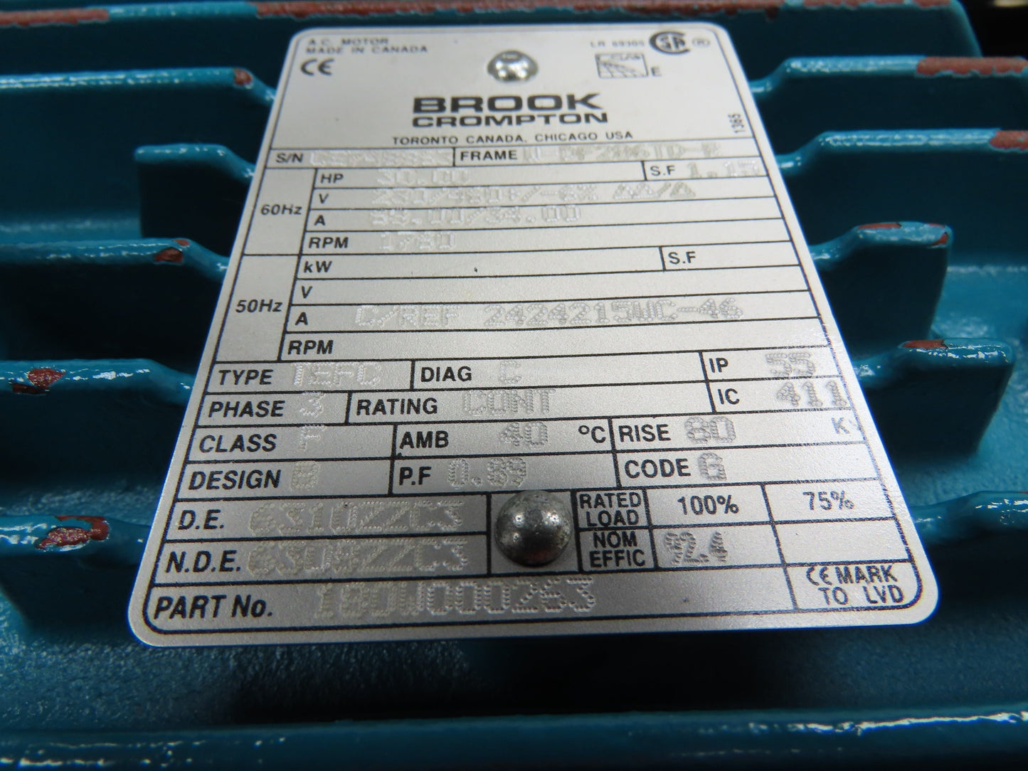 Brook Crompton 180W000263 Electric Motor 30Hp 1760RPM 230/460V 3Ph W-DF286TD-R