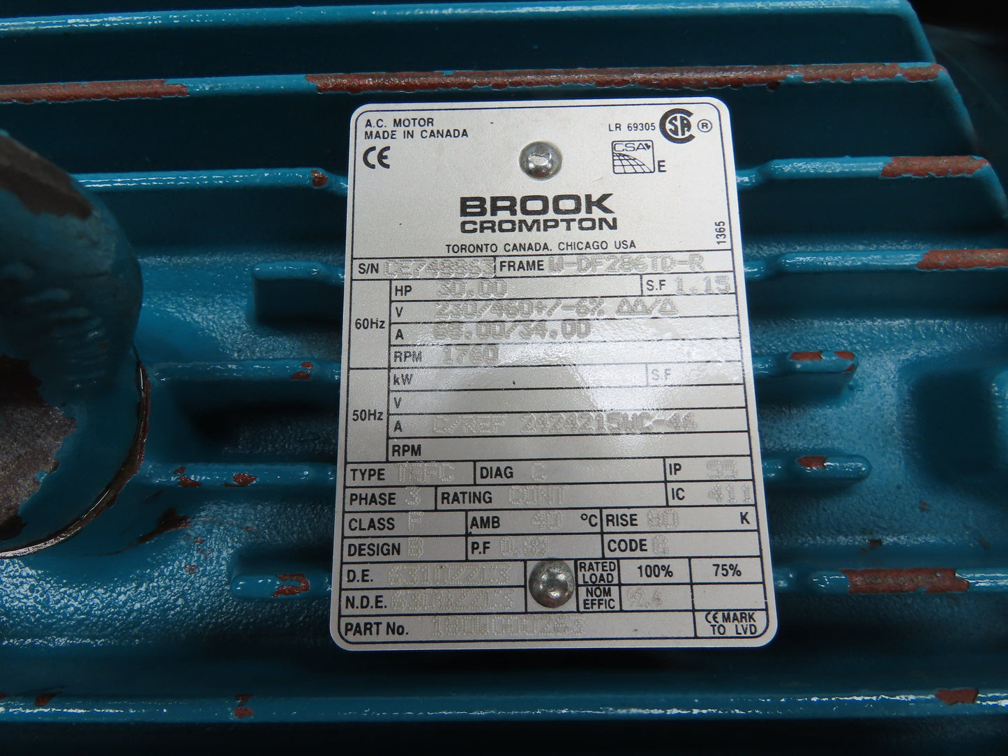 Brook Crompton 180W000263 Electric Motor 30Hp 1760RPM 230/460V 3Ph W-DF286TD-R