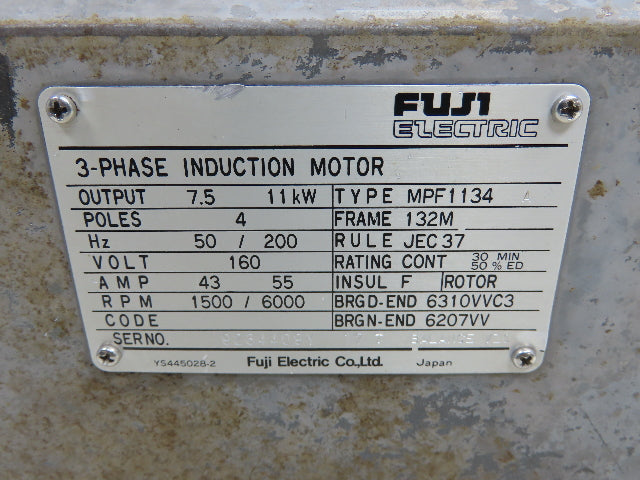 Fuji Electric MPF1134 AC Servo Spindle Motor 7.5/11Kw 160V 1500-6000RPM 132M Fr