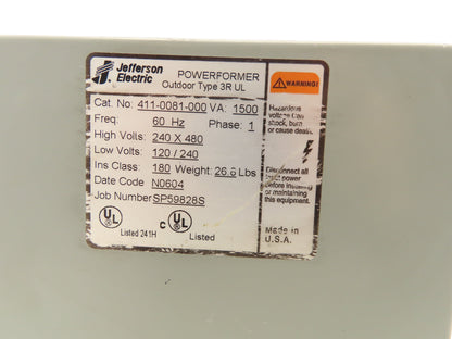 Jefferson Electric 411-0081-000 Power Transformer 1500VA HV 240/480 LV 120/240