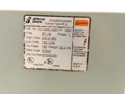 Jefferson Electric 411-0081-000 Power Transformer 1500VA HV 240/480 LV 120/240