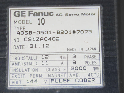Fanuc A06B-0501-B201 AC Servo Motor 2000 RPM 144V 3PH Pulse Coder A209-0304-T111