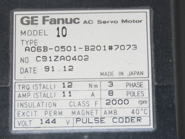Fanuc A06B-0501-B201 AC Servo Motor 2000 RPM 144V 3PH Pulse Coder A209-0304-T111