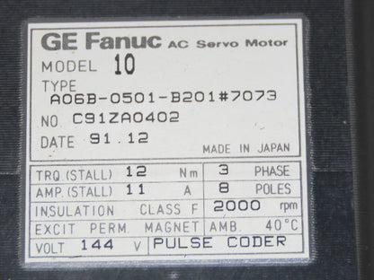Fanuc A06B-0501-B201 AC Servo Motor 2000 RPM 144V 3PH Pulse Coder A209-0304-T111