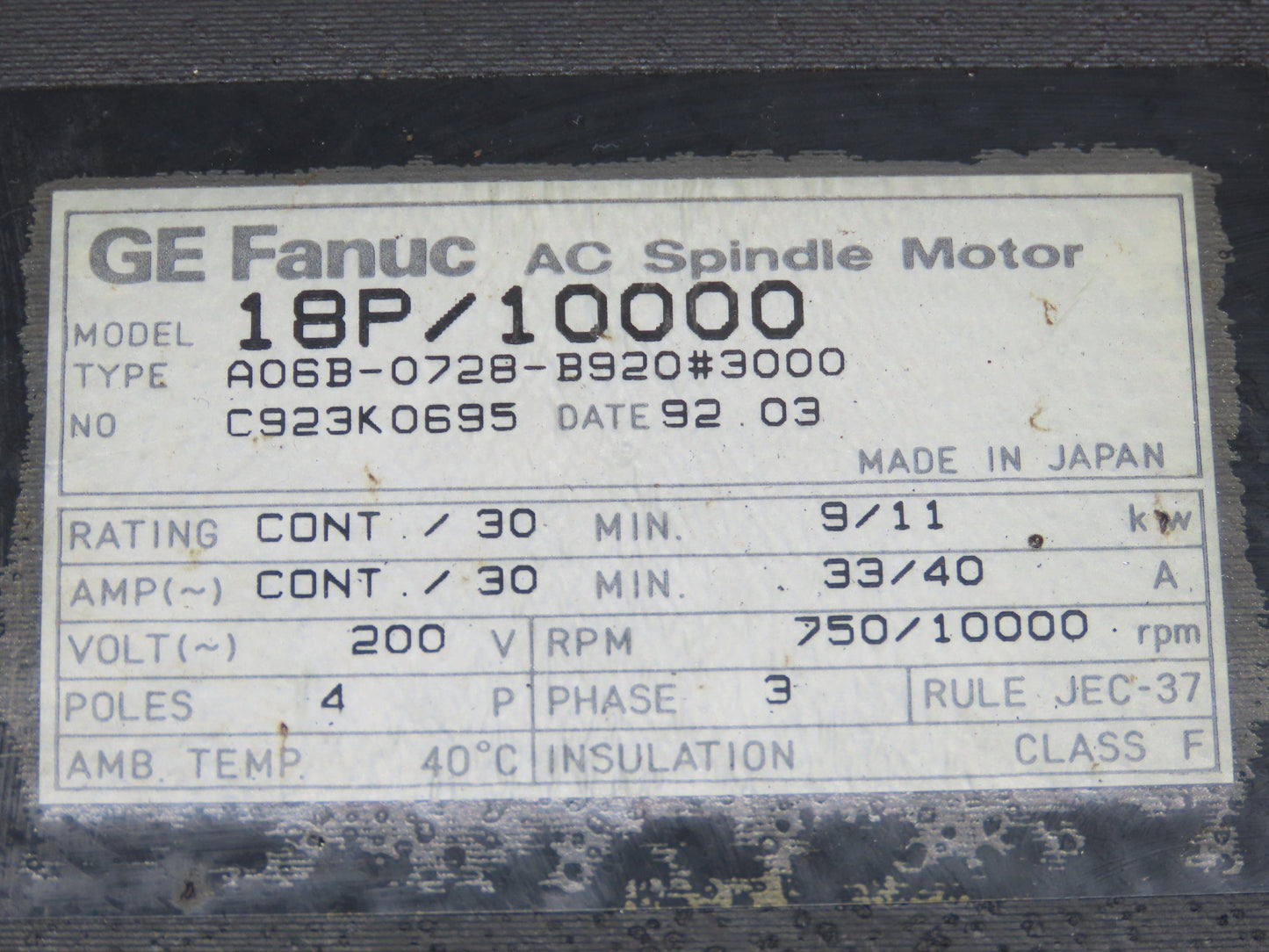 Fanuc A06B-0728-B920#3000 AC Servo Motor 200V 10000 RPM 3PH 4 Pole