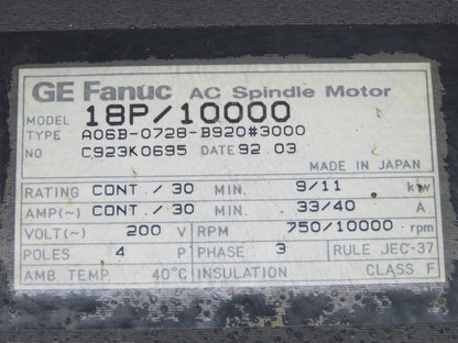 Fanuc A06B-0728-B920#3000 AC Servo Motor 200V 10000 RPM 3PH 4 Pole