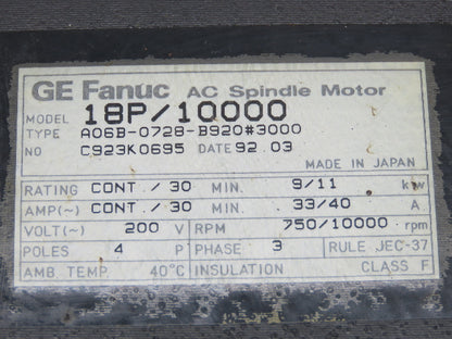 Fanuc A06B-0728-B920#3000 AC Servo Motor 200V 10000 RPM 3PH 4 Pole