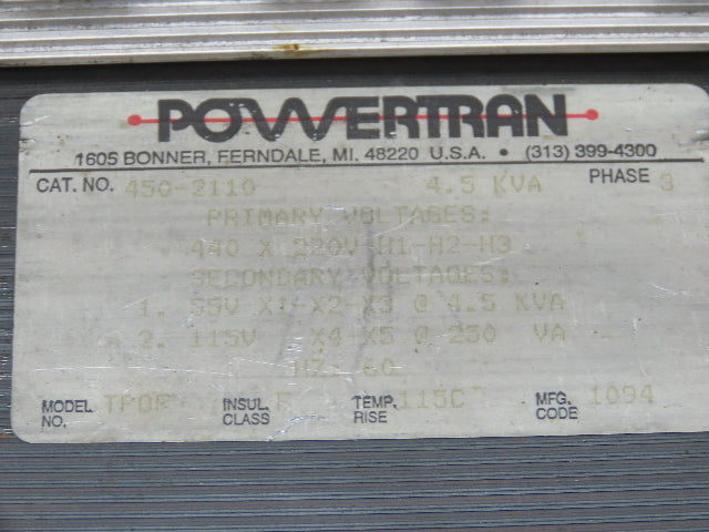 Powertran 450-2110 Industrial Transformer 4.5kVA 220/440V PRI 55/115V Sec