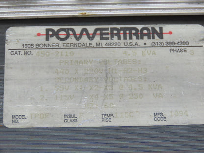 Powertran 450-2110 Industrial Transformer 4.5kVA 220/440V PRI 55/115V Sec