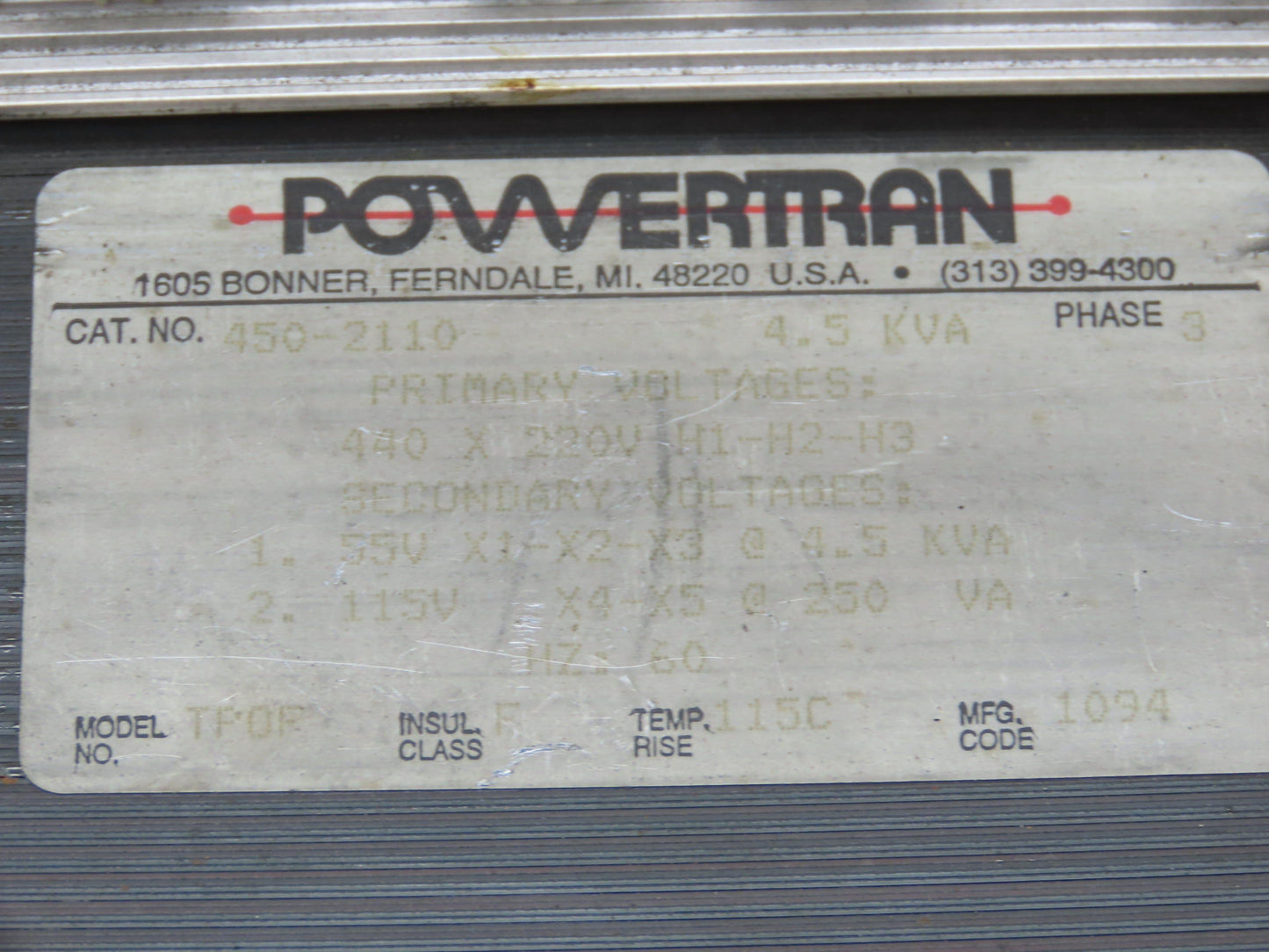 Powertran 450-2110 Industrial Transformer 4.5kVA 220/440V PRI 55/115V Sec