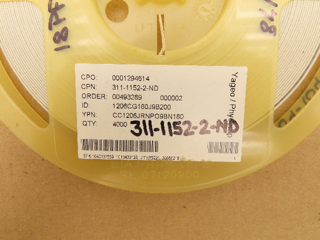 Yageo CC1206JRNPO9BN180 Ceramic Capacitor 18PF 50V Reel Lot of 3000