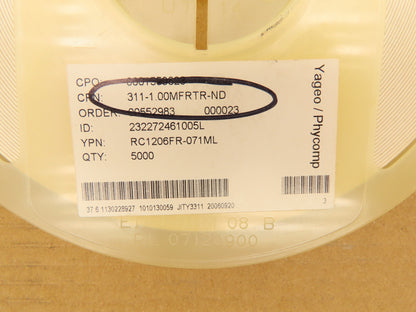 Yageo RC1206FR-071ML Film Chip Resistor Tape & Reel 1 kOhms ±1% 0.25W 5000 QTY