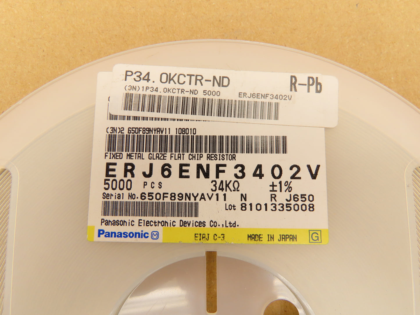 Panasonic ERJ6ENF3402V Fixed Metal Glaze Flat Chip Resistor 34K ± 1% 5000 Pcs