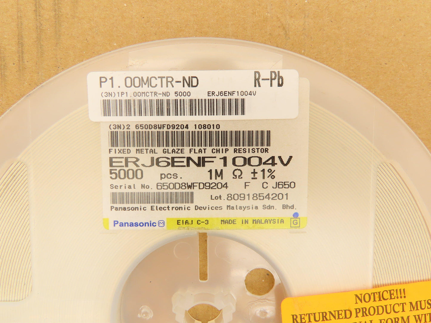 Panasonic ERJ6ENF1004V Fixed Metal Glaze Flat Chip Resistor 1M ±1% 5000 Pcs