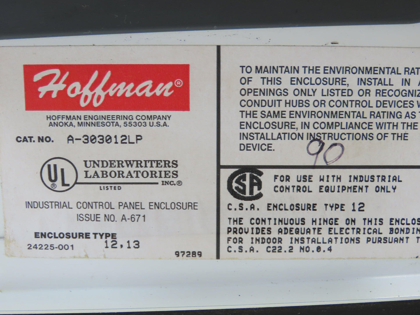 Hoffman A-303012LP Electrical Box Enclosure 30x30x12" Backplate