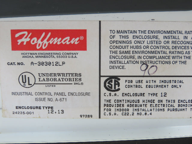 Hoffman A-303012LP Electrical Box Enclosure 30x30x12" Backplate